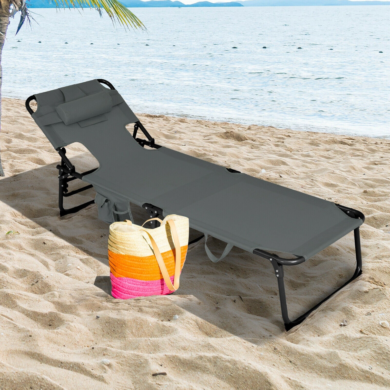 Folding Beach Lounge Chair with Pillow for Outdoor-Gray 