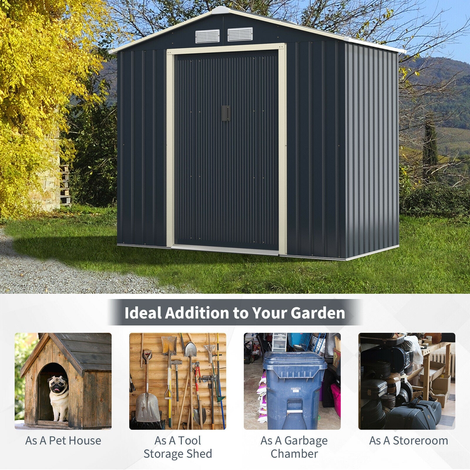 7 Feet x 4 Feet Metal Storage Shed with Sliding Double Lockable Doors-Gray