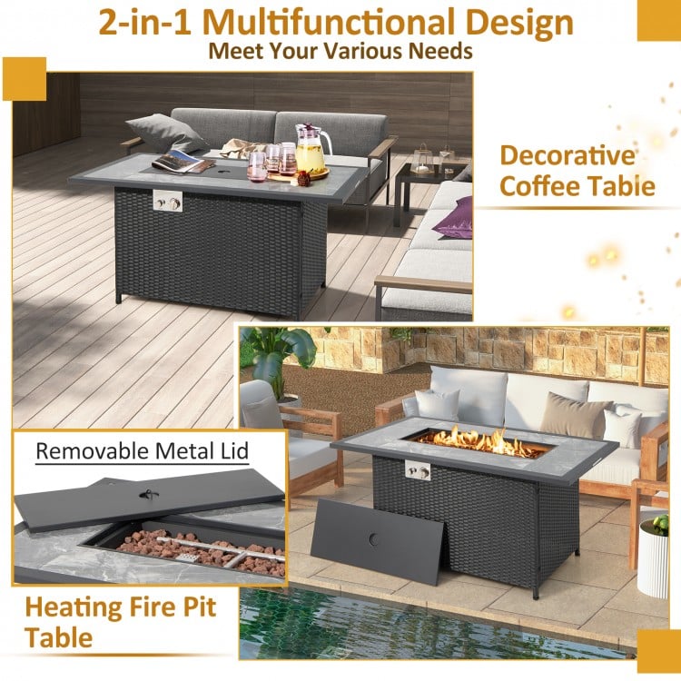 52 Inch Rattan Wicker Propane Fire Pit Table with Rain Cover and Lava Rock