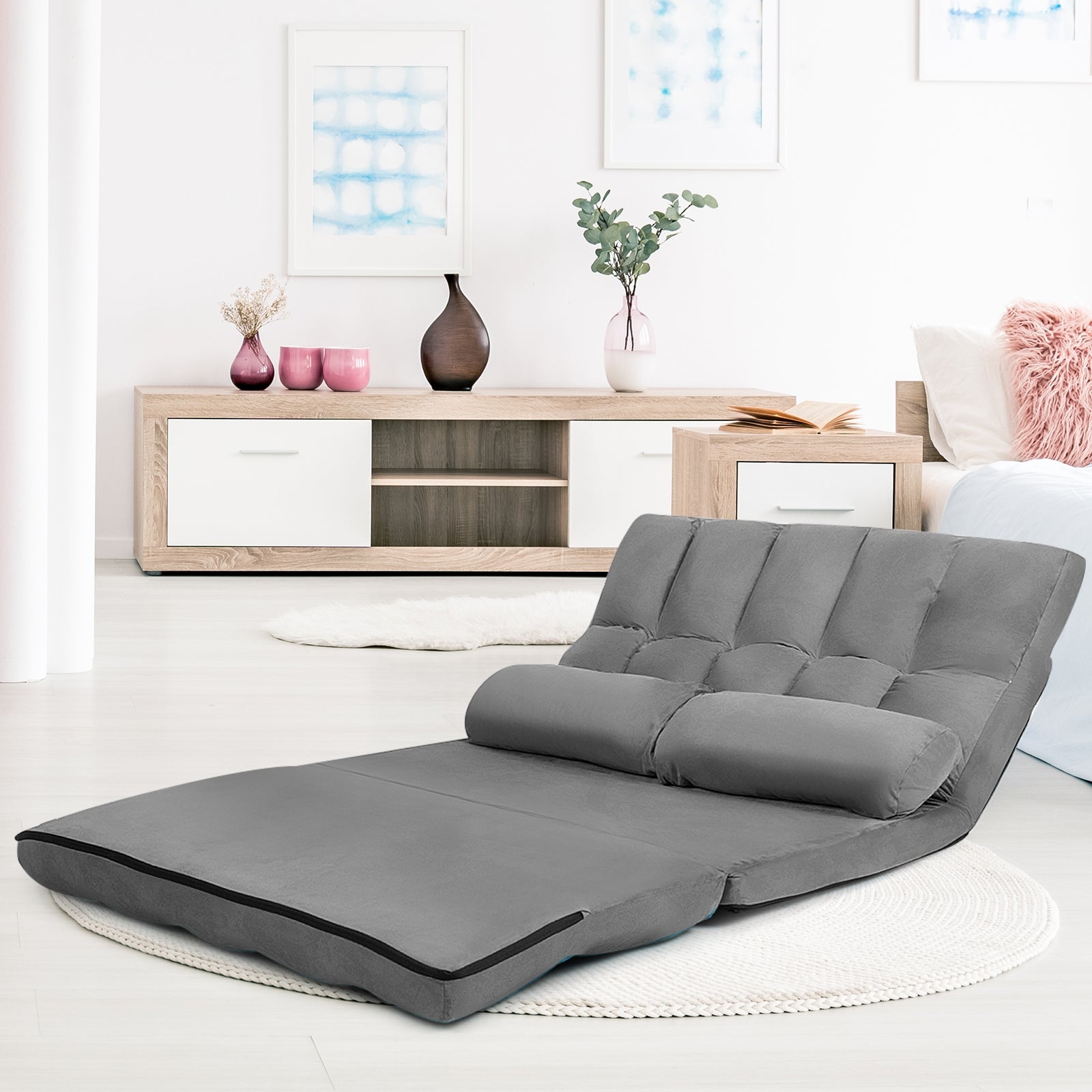 Foldable Floor 6-Position Adjustable Lounge Couch-Gray