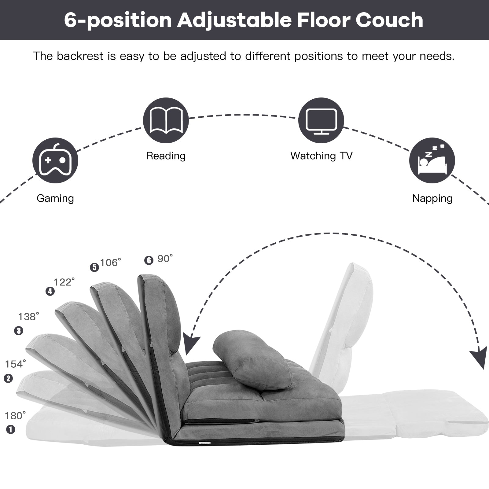 Foldable Floor 6-Position Adjustable Lounge Couch-Gray