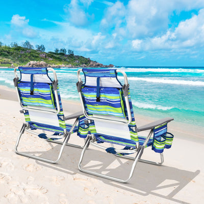 2-Pack Folding Backpack Beach Chair 5-Position Outdoor Reclining Chairs with Pillow-Blue 