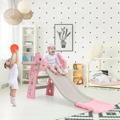 3-in-1 Kids Slide Baby Play Climber Slide Set with Basketball Hoop-PinkÂ 