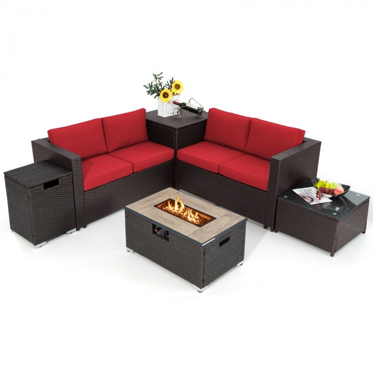 6 Pieces Outdoor Wicker Furniture Set with 32 Inch Propane Fire Pit Table