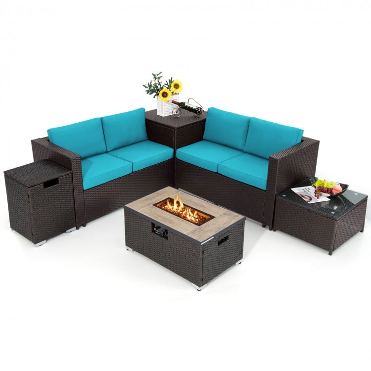 6 Pieces Outdoor Wicker Furniture Set with 32 Inch Propane Fire Pit Table