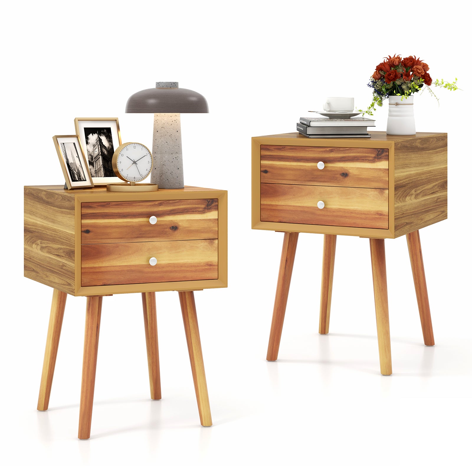 Wooden Nightstand Mid-Century End Side Table with 2 Storage Drawers-Natural