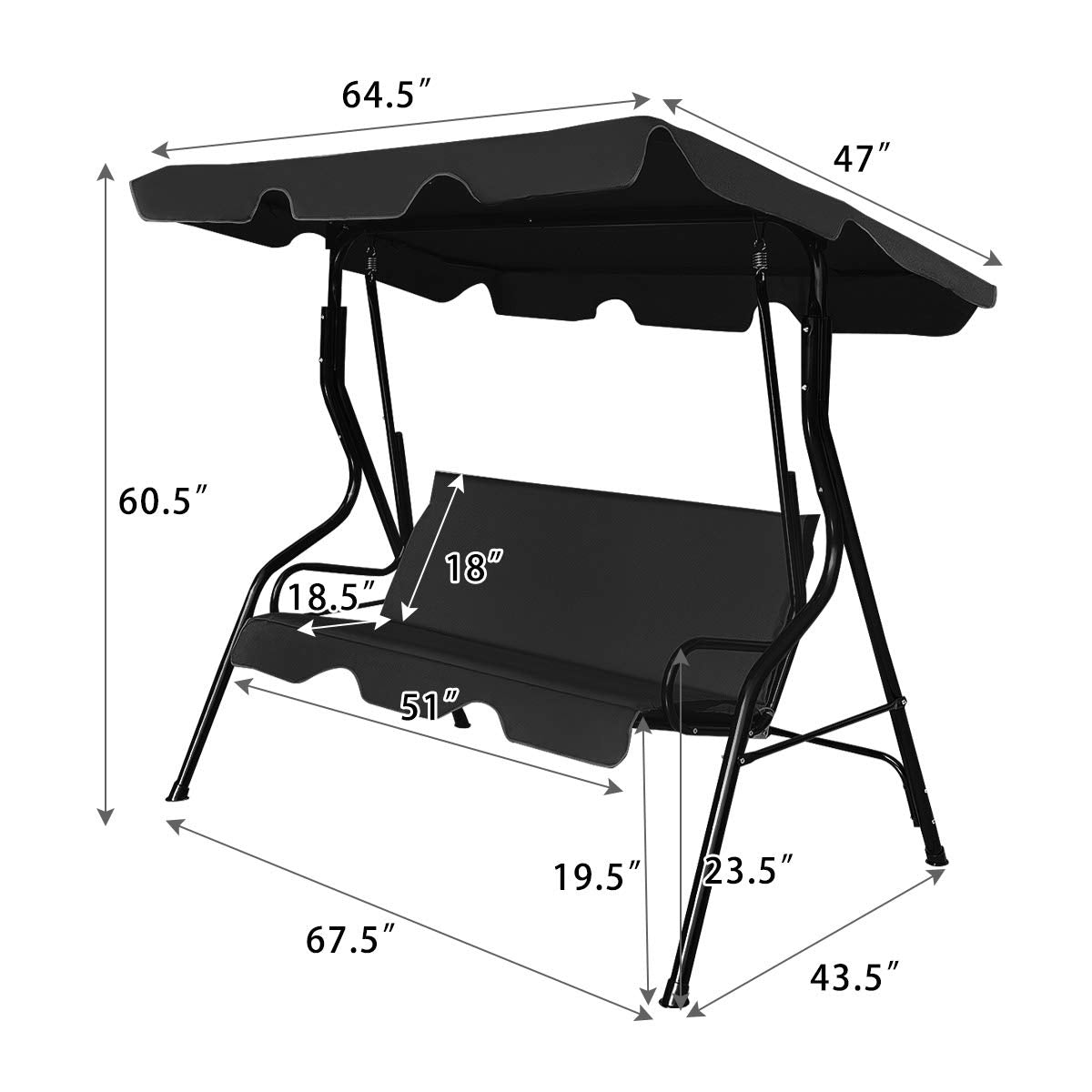 3 Seats Patio Canopy Swing-Black