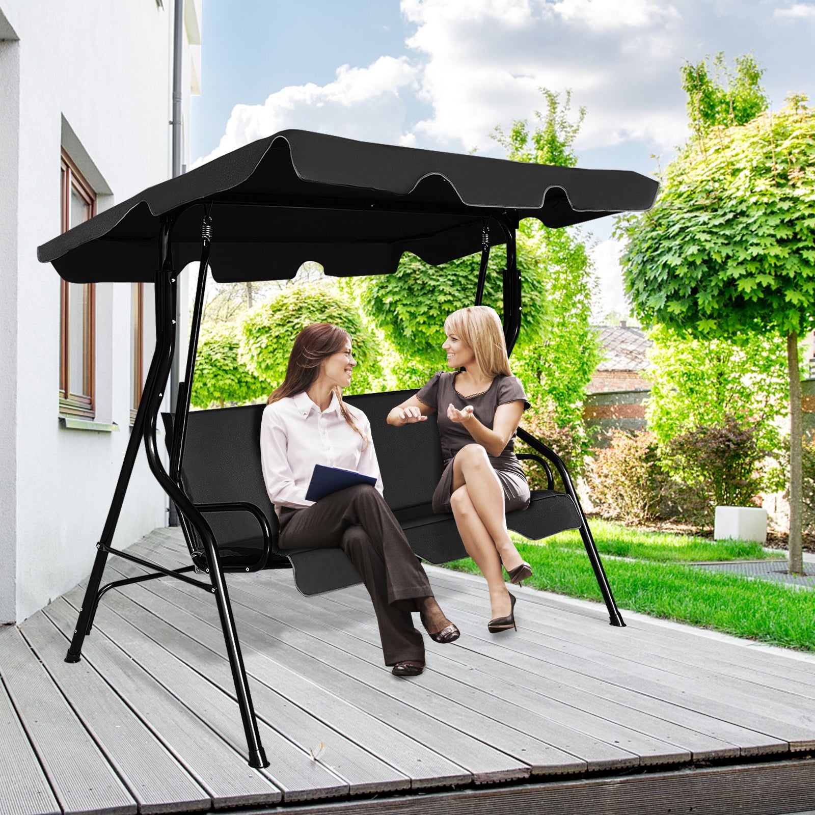 3 Seats Patio Canopy Swing-Black