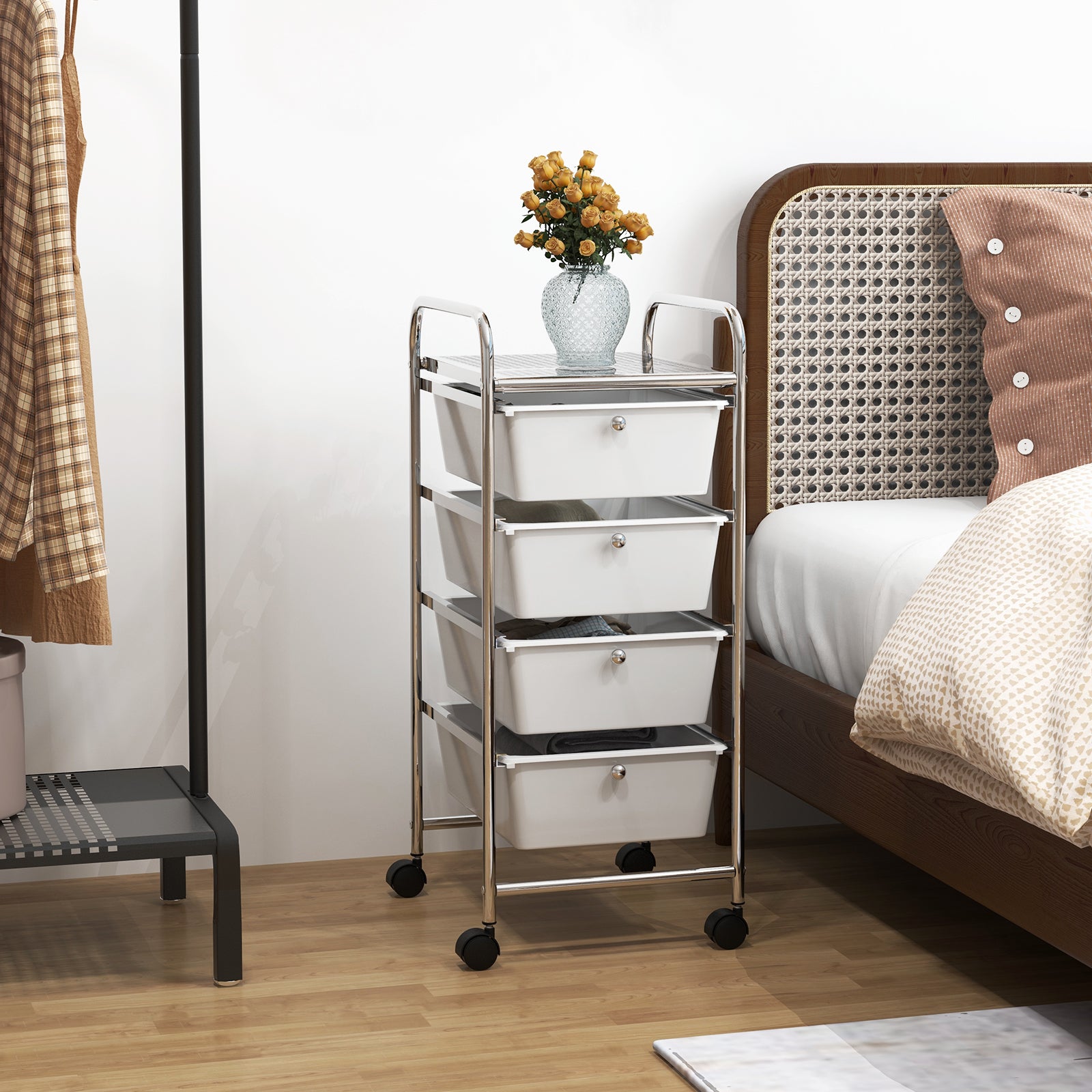 4-Drawer Cart Storage Bin Organizer Rolling with Plastic Drawers-White 