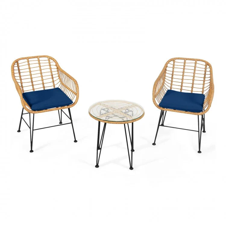 3-Piece Rattan Bistro Set with Cushioned Chairs & Glass Table