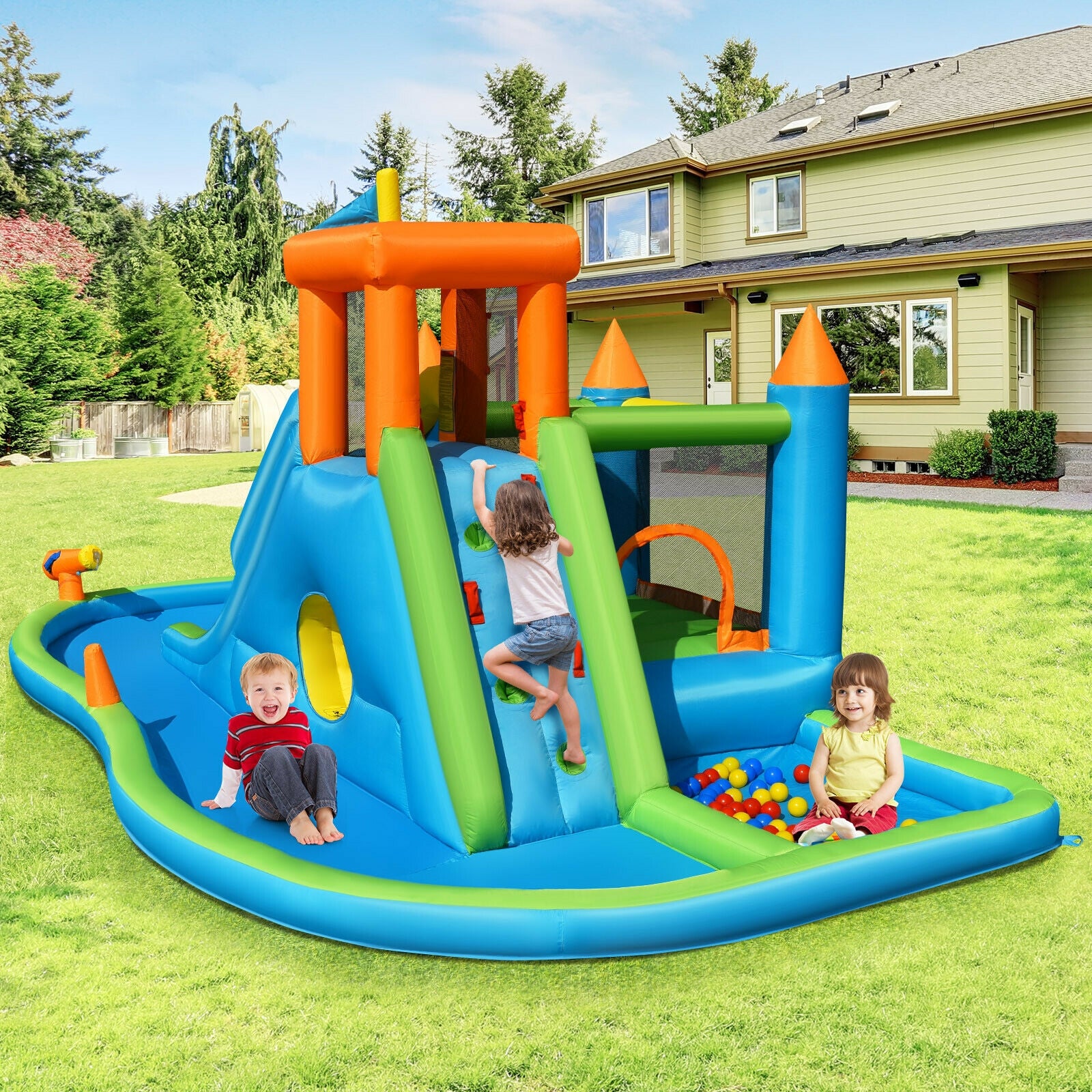 Inflatable Water Slide Kids Bounce House Splash Water Pool with Blower