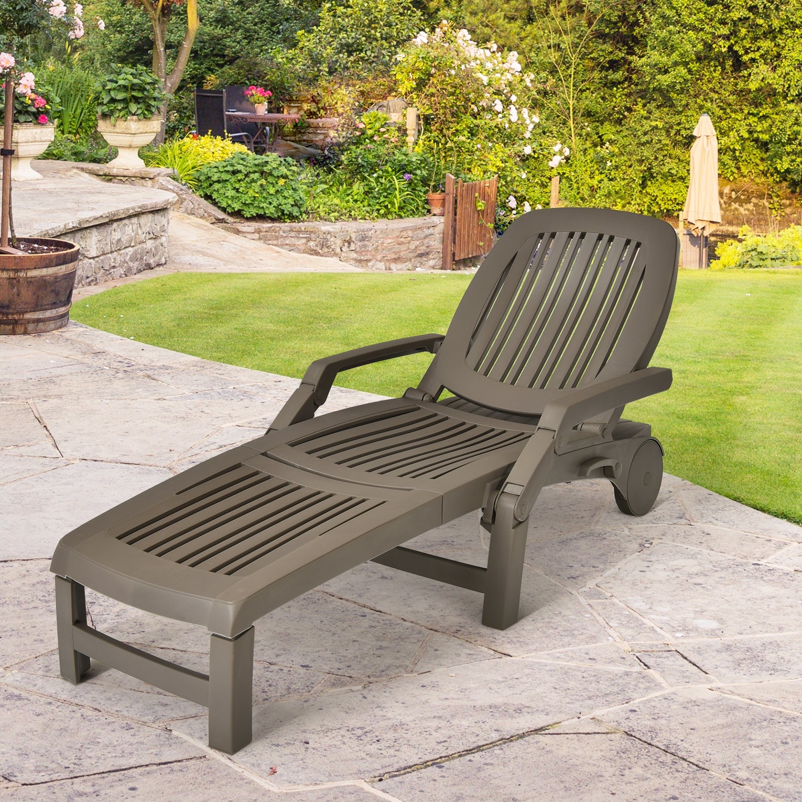 Adjustable Patio Sun Lounger with Weather Resistant Wheels-Coffee