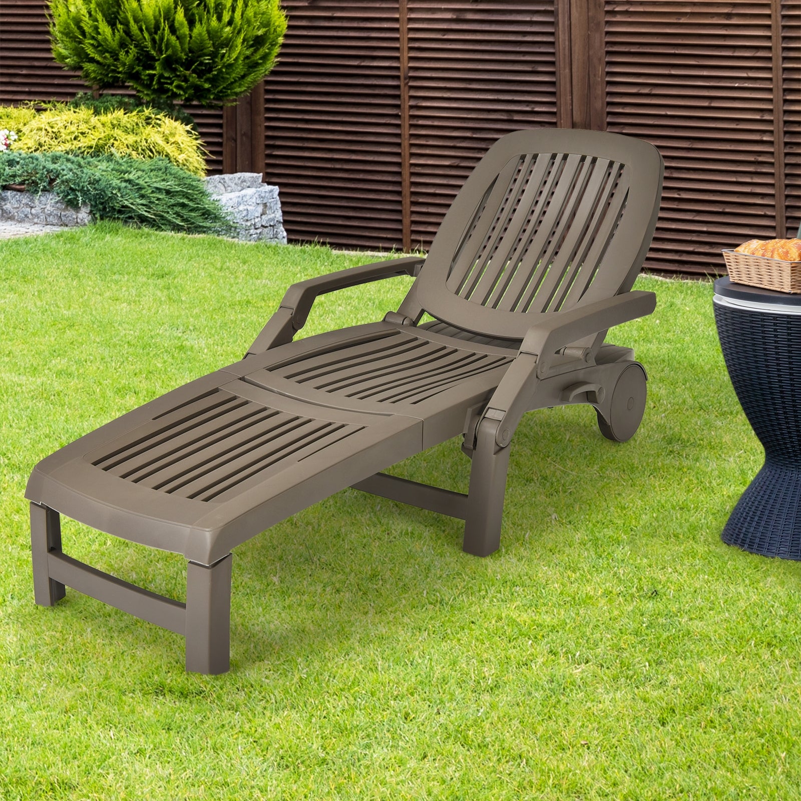 Adjustable Patio Sun Lounger with Weather Resistant Wheels-Coffee