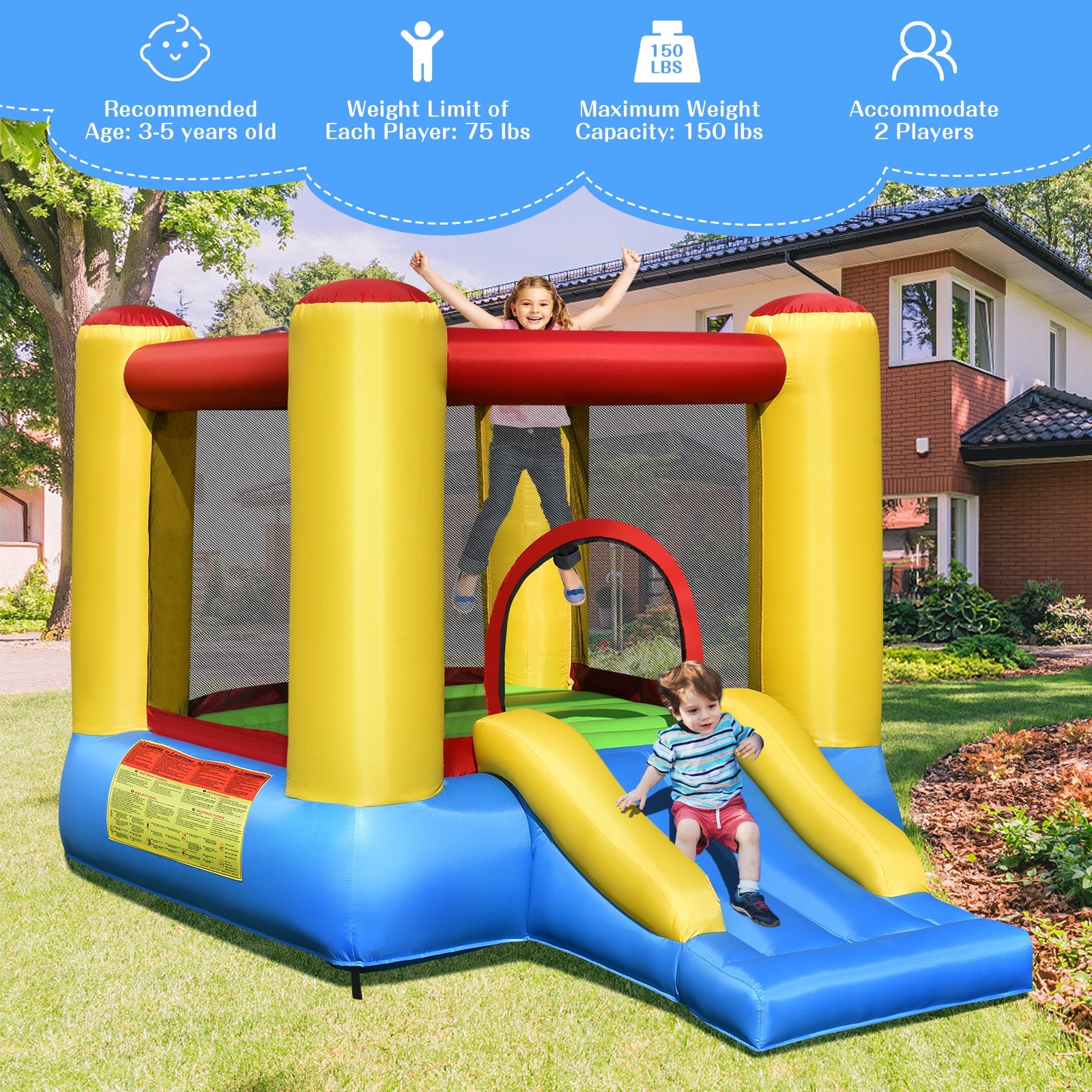 Kids Inflatable Bounce House with Slide and 480W blower