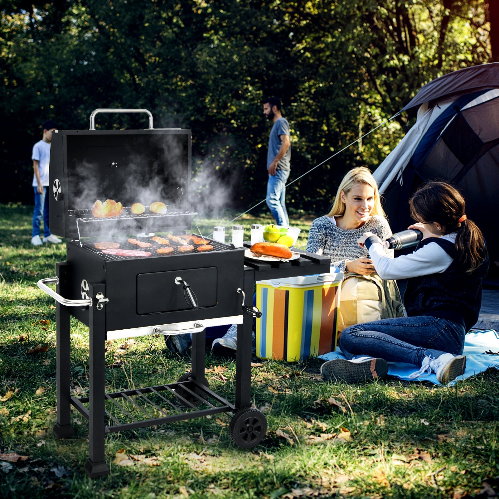 Outdoor Portable Charcoal Grill with Side Table