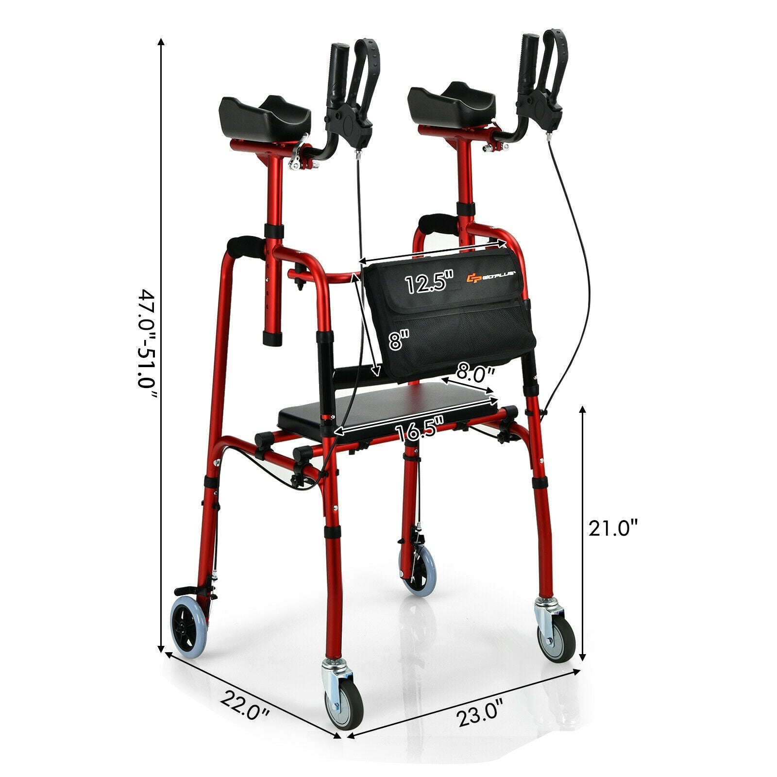 Folding Auxiliary Walker Rollator with Brakes Flip-Up Seat Bag Multifunction-Red