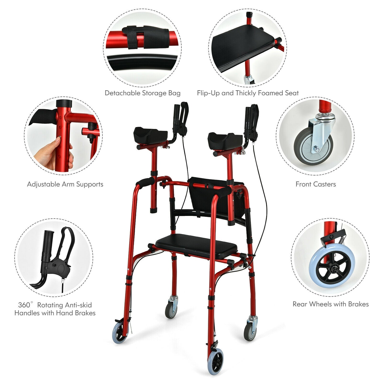 Folding Auxiliary Walker Rollator with Brakes Flip-Up Seat Bag Multifunction-Red