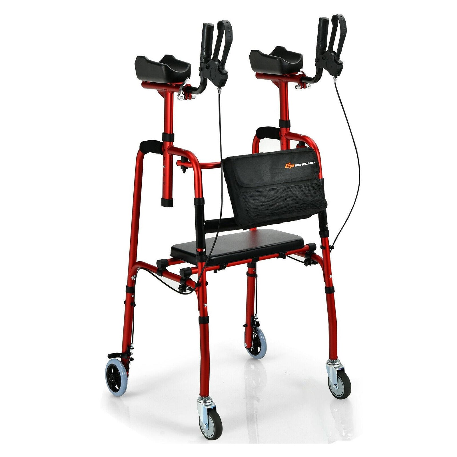 Folding Auxiliary Walker Rollator with Brakes Flip-Up Seat Bag Multifunction-Red