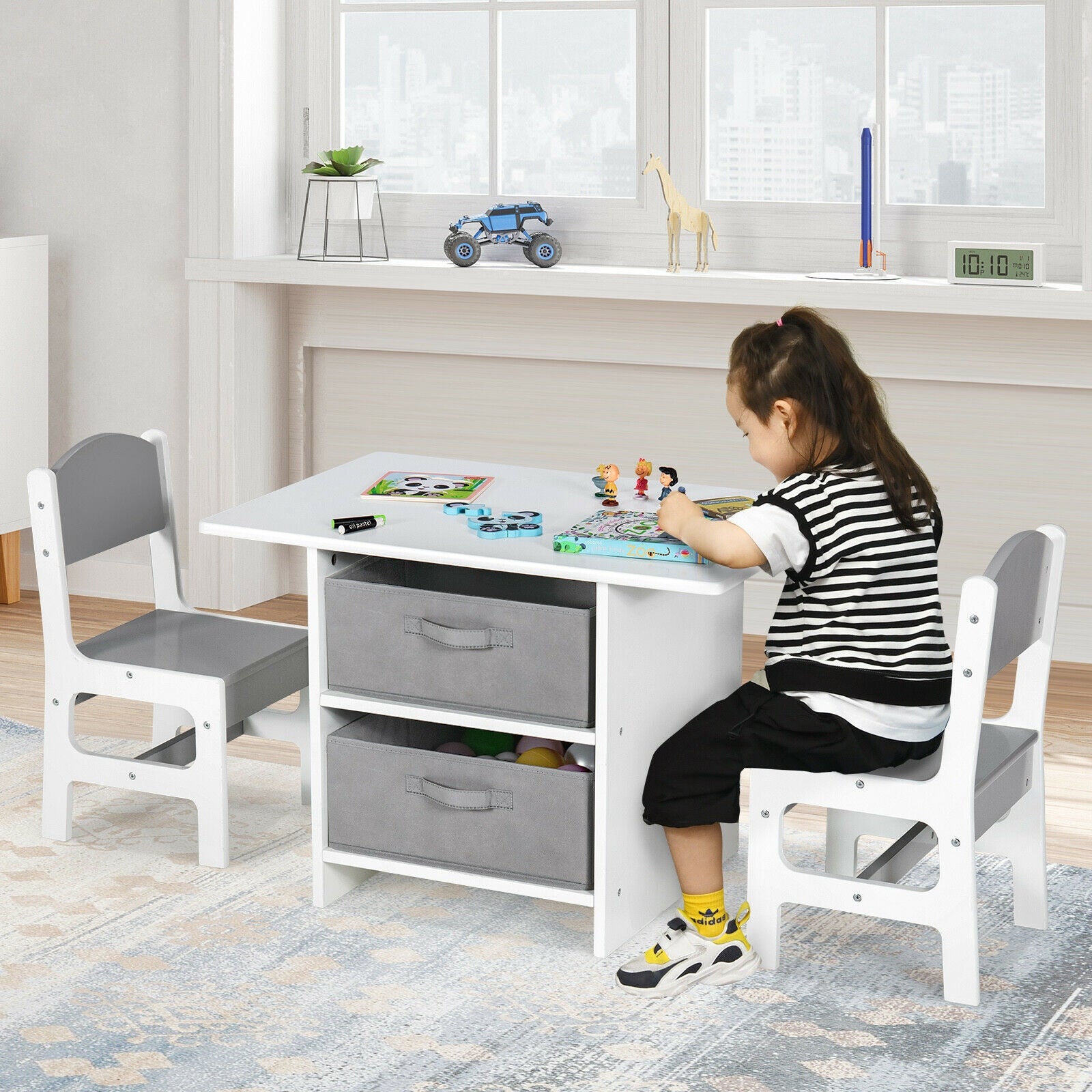 Wooden Kids Table and Chairs with Storage Baskets Puzzle