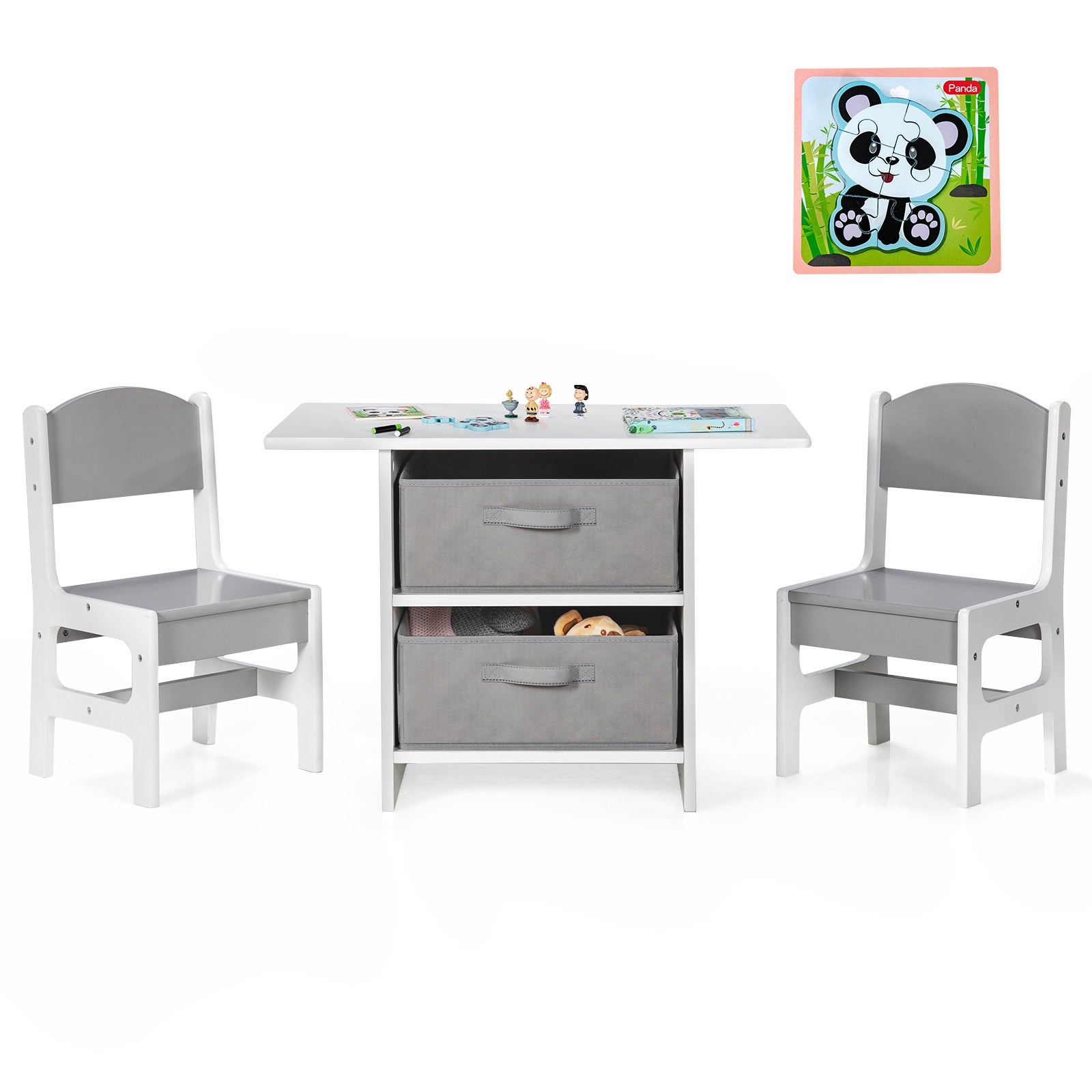 Wooden Kids Table and Chairs with Storage Baskets Puzzle