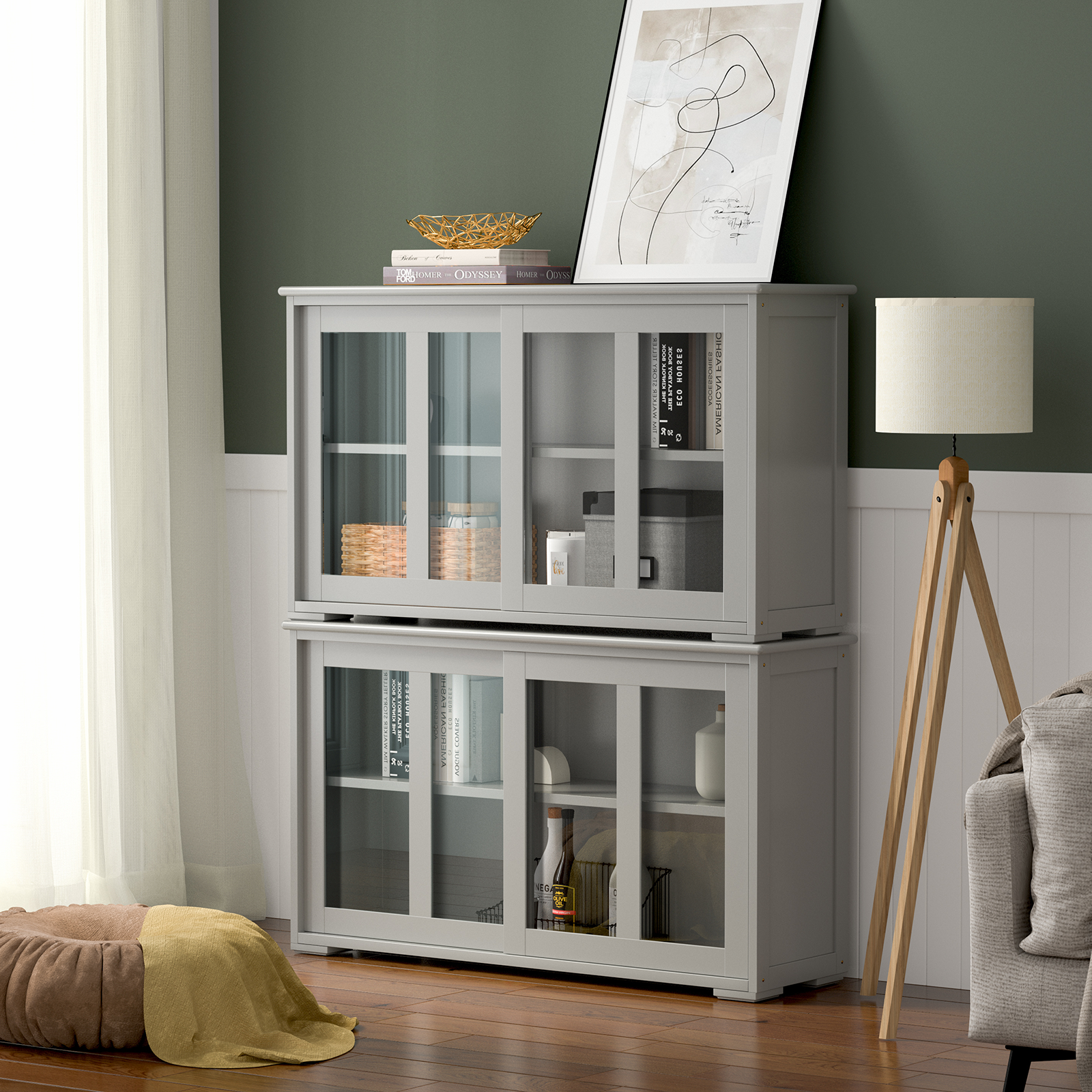 Sideboard Buffet Cupboard Storage Cabinet with Sliding Door-Gray