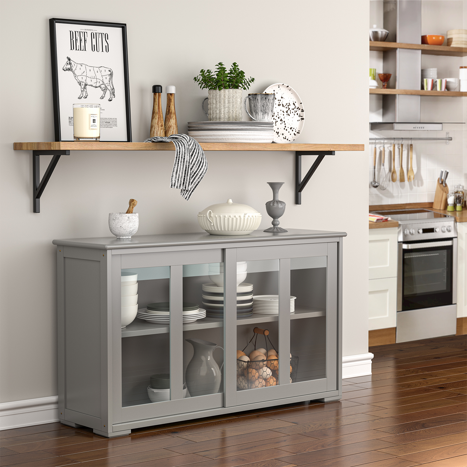 Sideboard Buffet Cupboard Storage Cabinet with Sliding Door-Gray