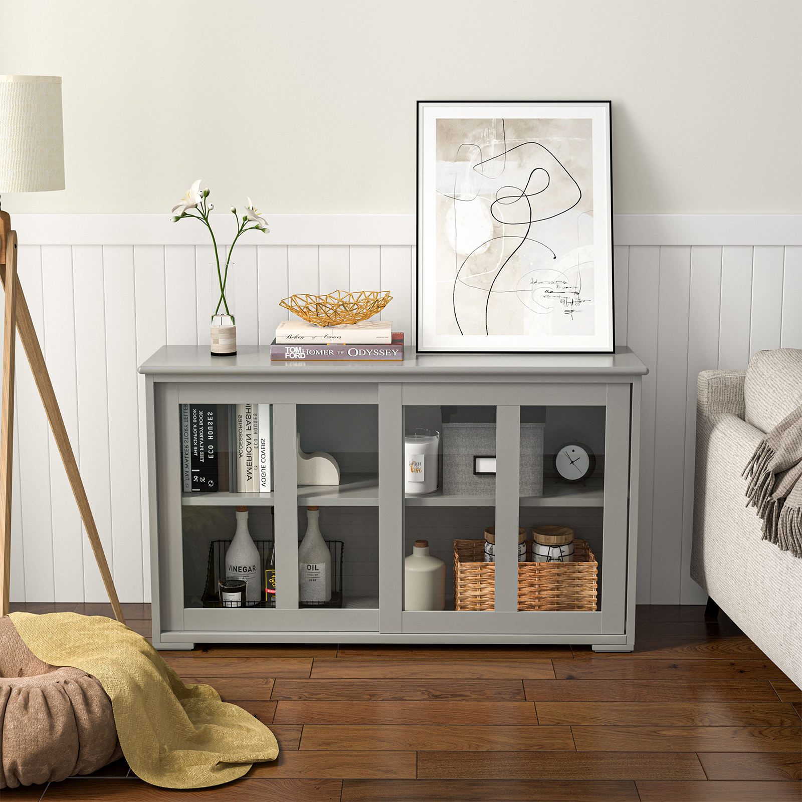 Sideboard Buffet Cupboard Storage Cabinet with Sliding Door-Gray