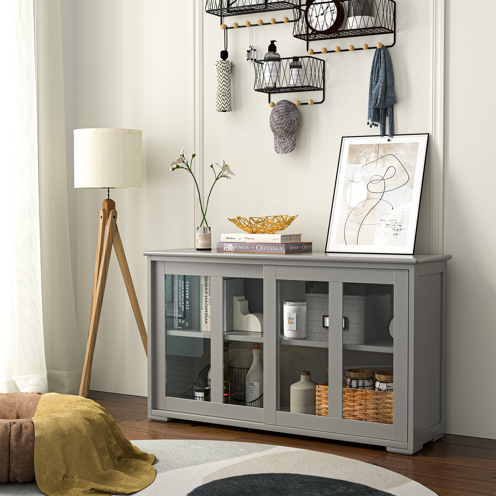 Sideboard Buffet Cupboard Storage Cabinet with Sliding Door-Gray