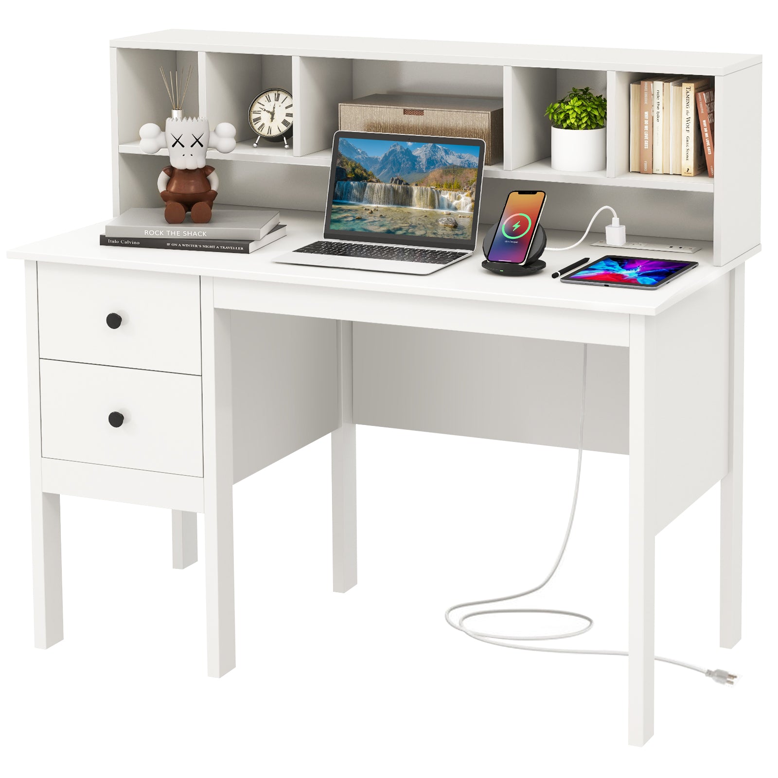 48 Inch Computer Desk with Drawers Power Outlets and 5-Cubby Hutch