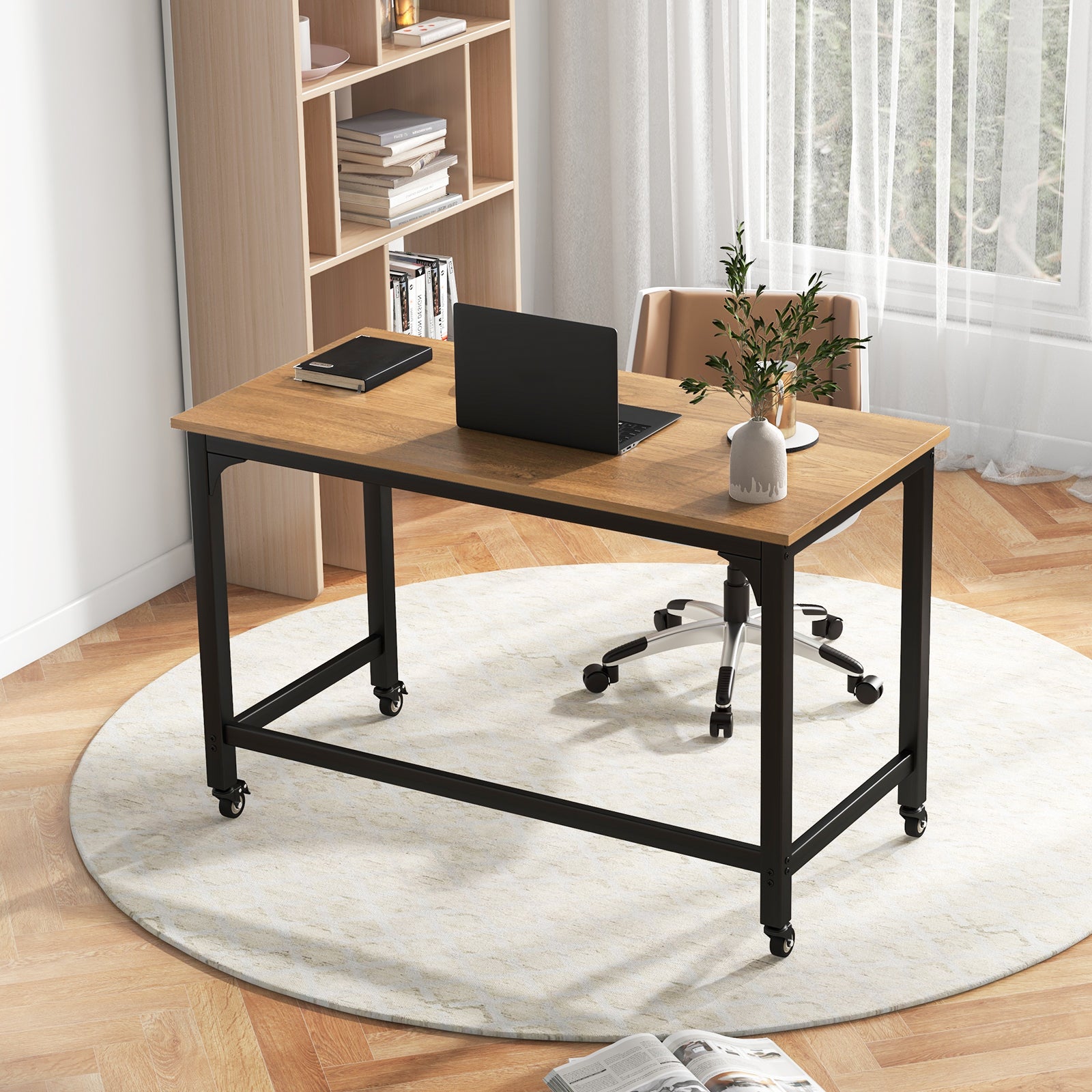 48" Rolling Computer Desk with Heavy-duty Metal Frame for Home and Office-Natural