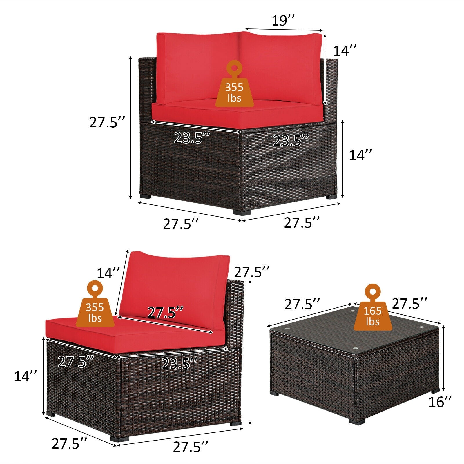 6 Pieces Patio Rattan Furniture Set Sectional Cushioned Sofa Deck-Red