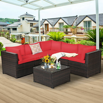 6 Pieces Patio Rattan Furniture Set Sectional Cushioned Sofa Deck-RedÂ 