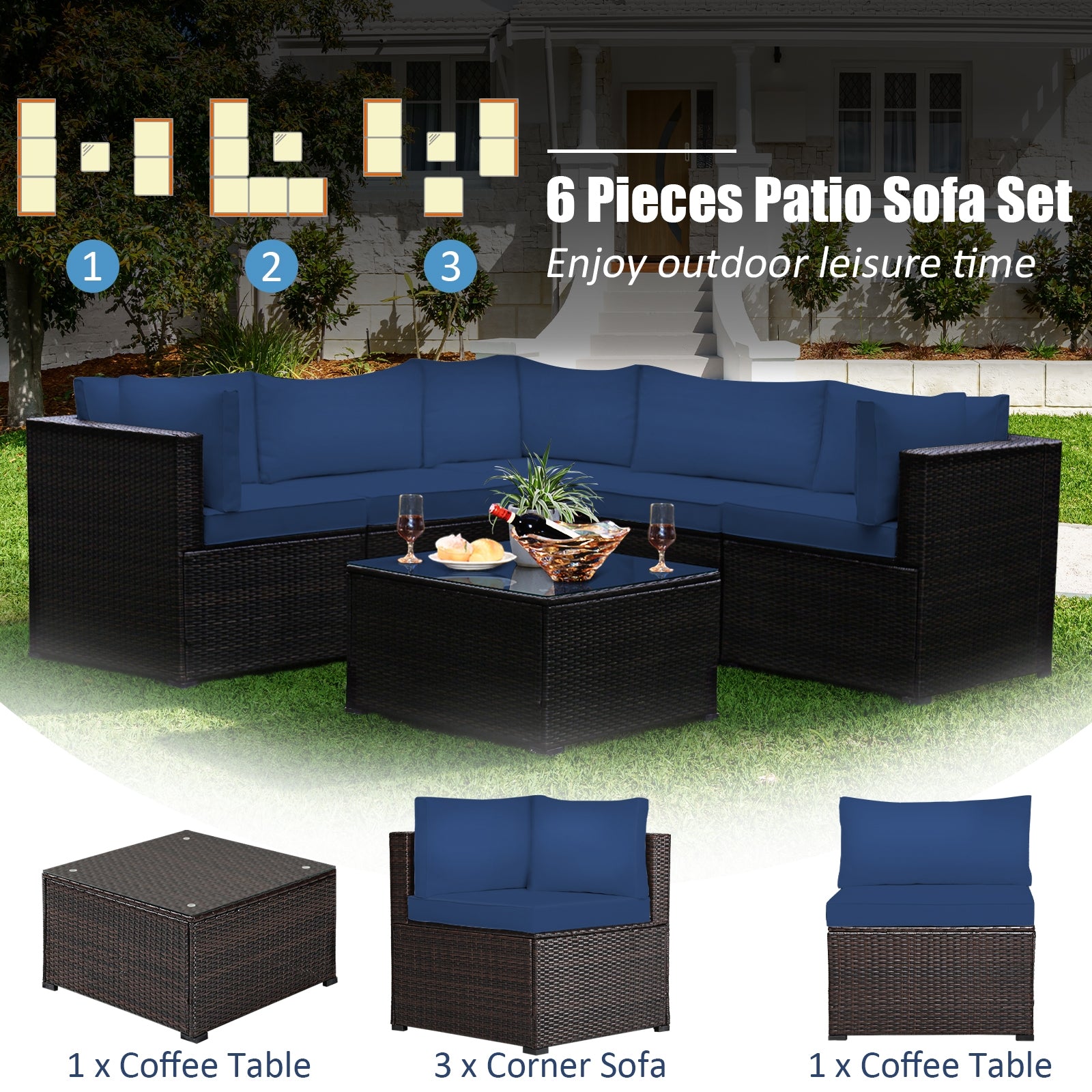 6 Pieces Patio Furniture Sofa Set with Cushions for Outdoor-Navy