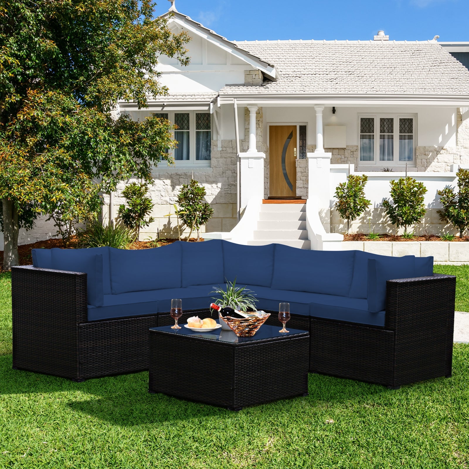 6 Pieces Patio Furniture Sofa Set with Cushions for Outdoor-Navy