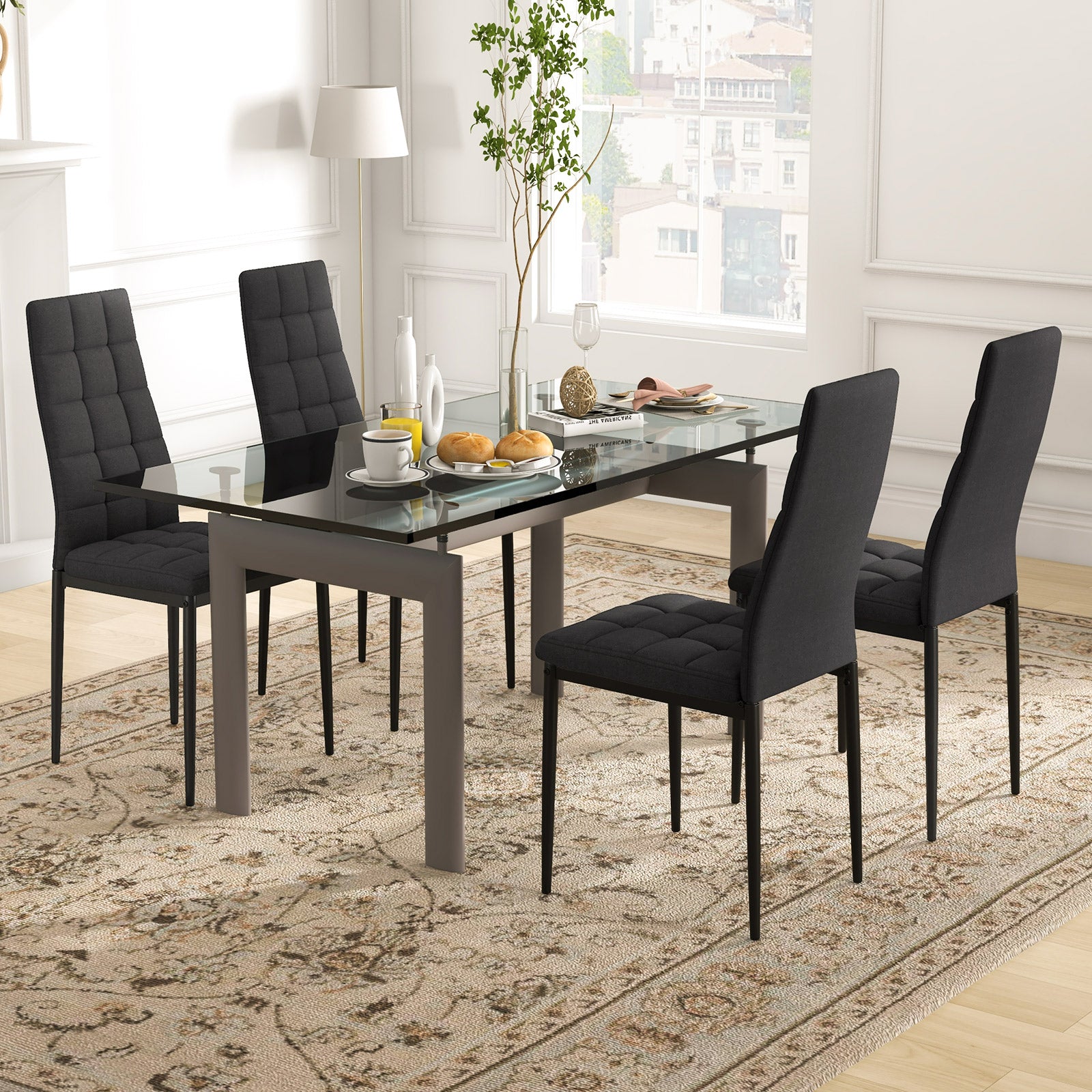 Set of 4 Fabric Dining Chairs Set with Upholstered Cushion and High BackÂ 