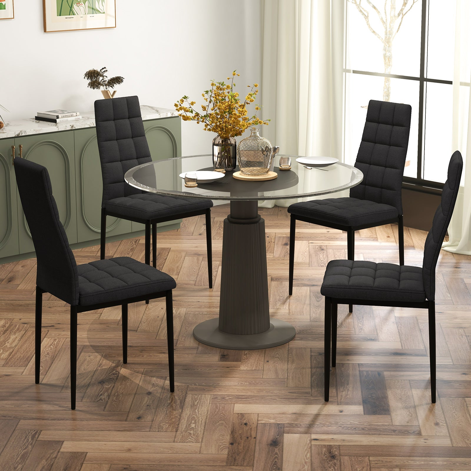 Set of 4 Fabric Dining Chairs Set with Upholstered Cushion and High BackÂ 