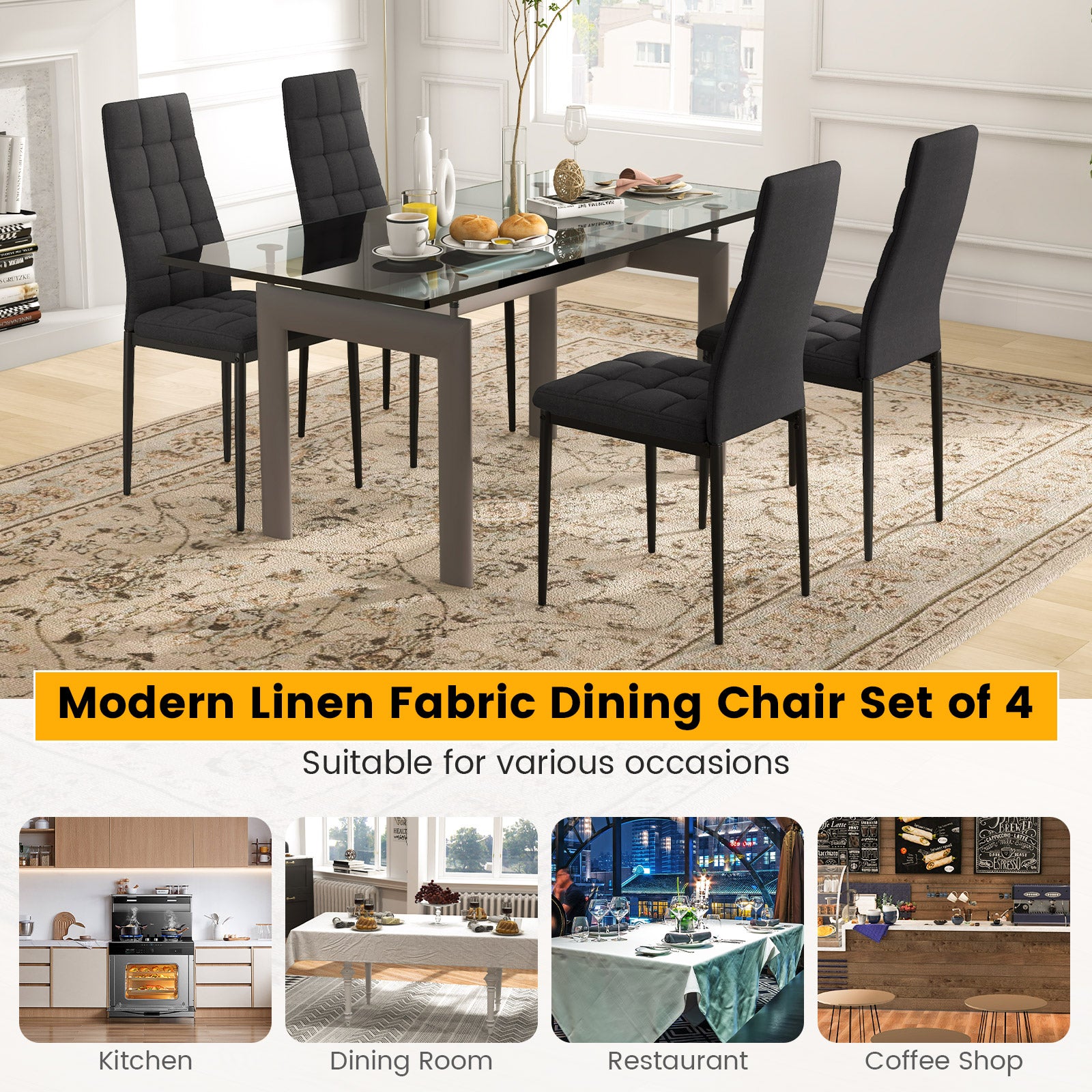 Set of 4 Fabric Dining Chairs Set with Upholstered Cushion and High BackÂ 