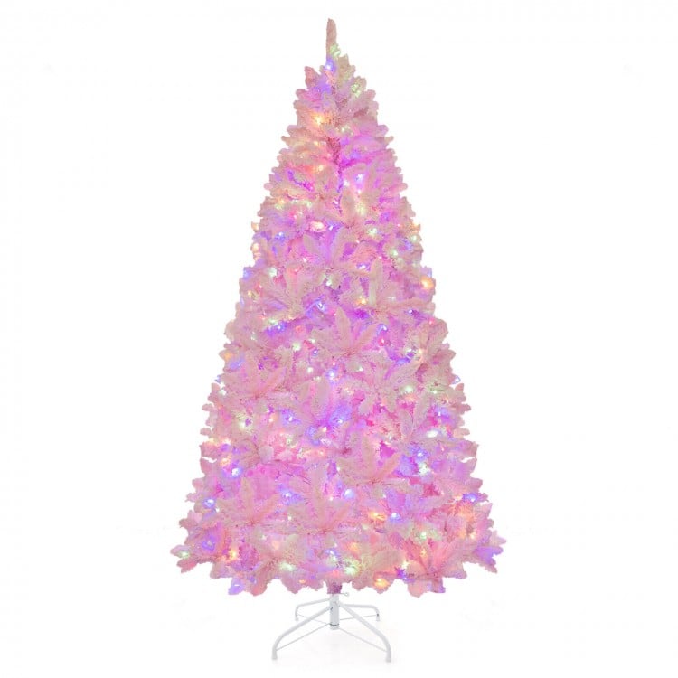 7 Feet Flocked Artificial Christmas Tree with 500 LED Lights and 1200 Branches