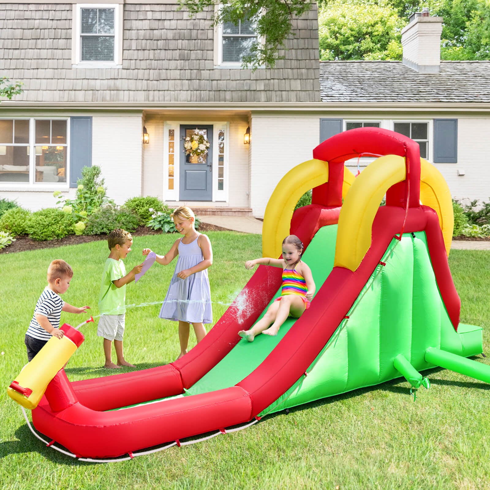 Inflatable Water Slide Bounce House with Climbing Wall and Jumper without Blower