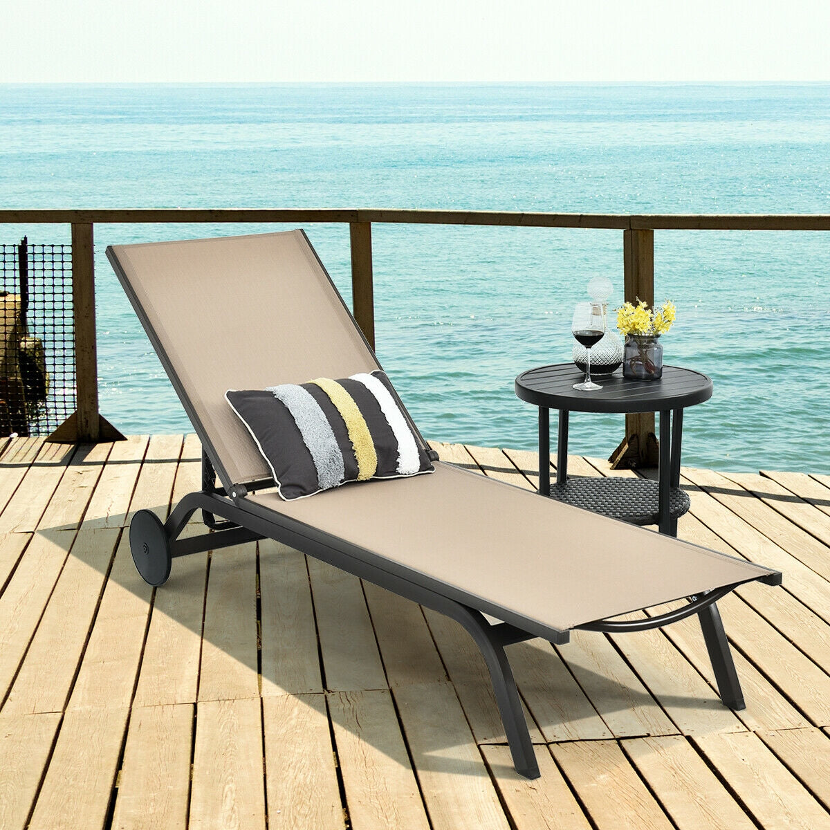 Aluminum Fabric Outdoor Patio Lounge Chair with Adjustable Reclining -Brown