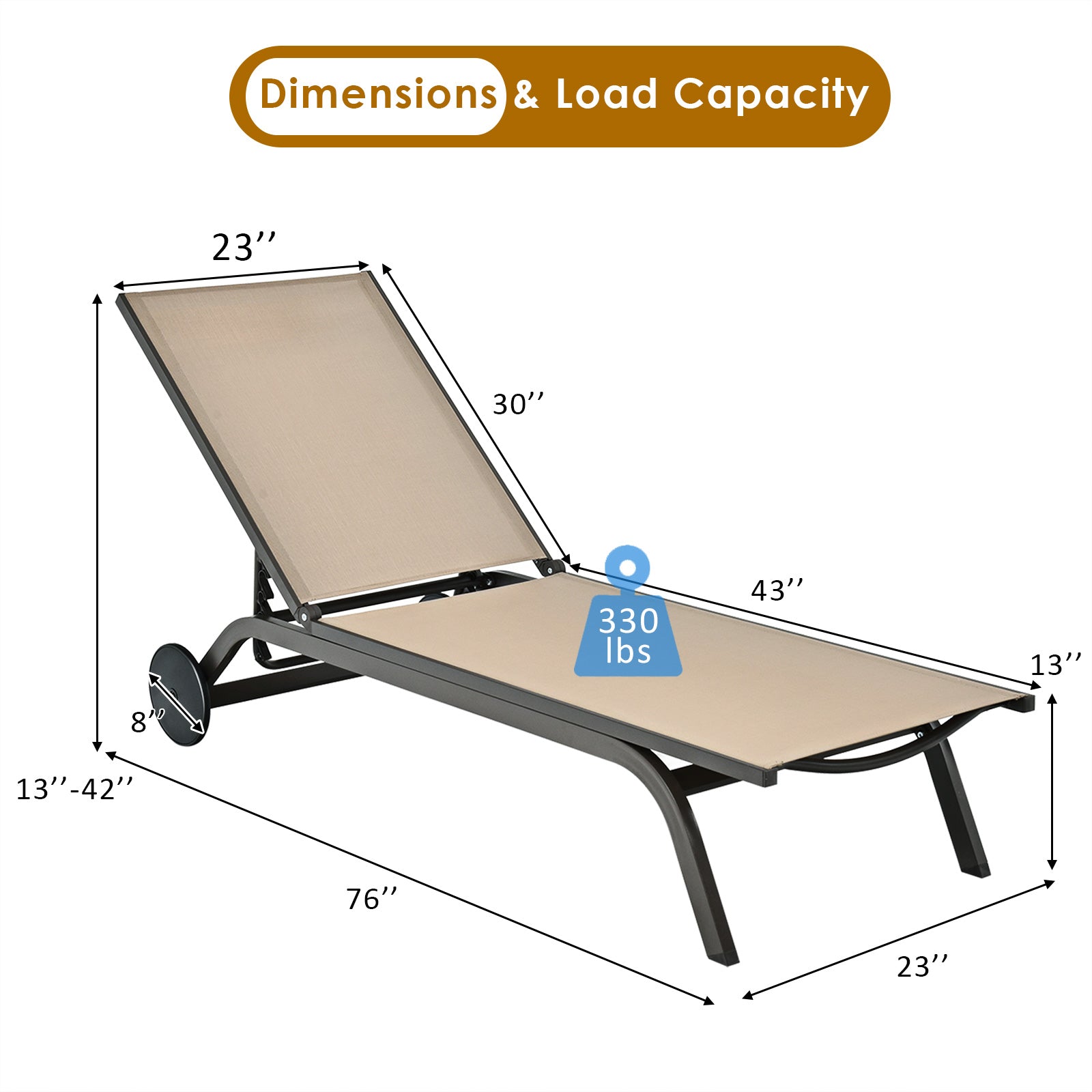 Aluminum Fabric Outdoor Patio Lounge Chair with Adjustable Reclining -Brown