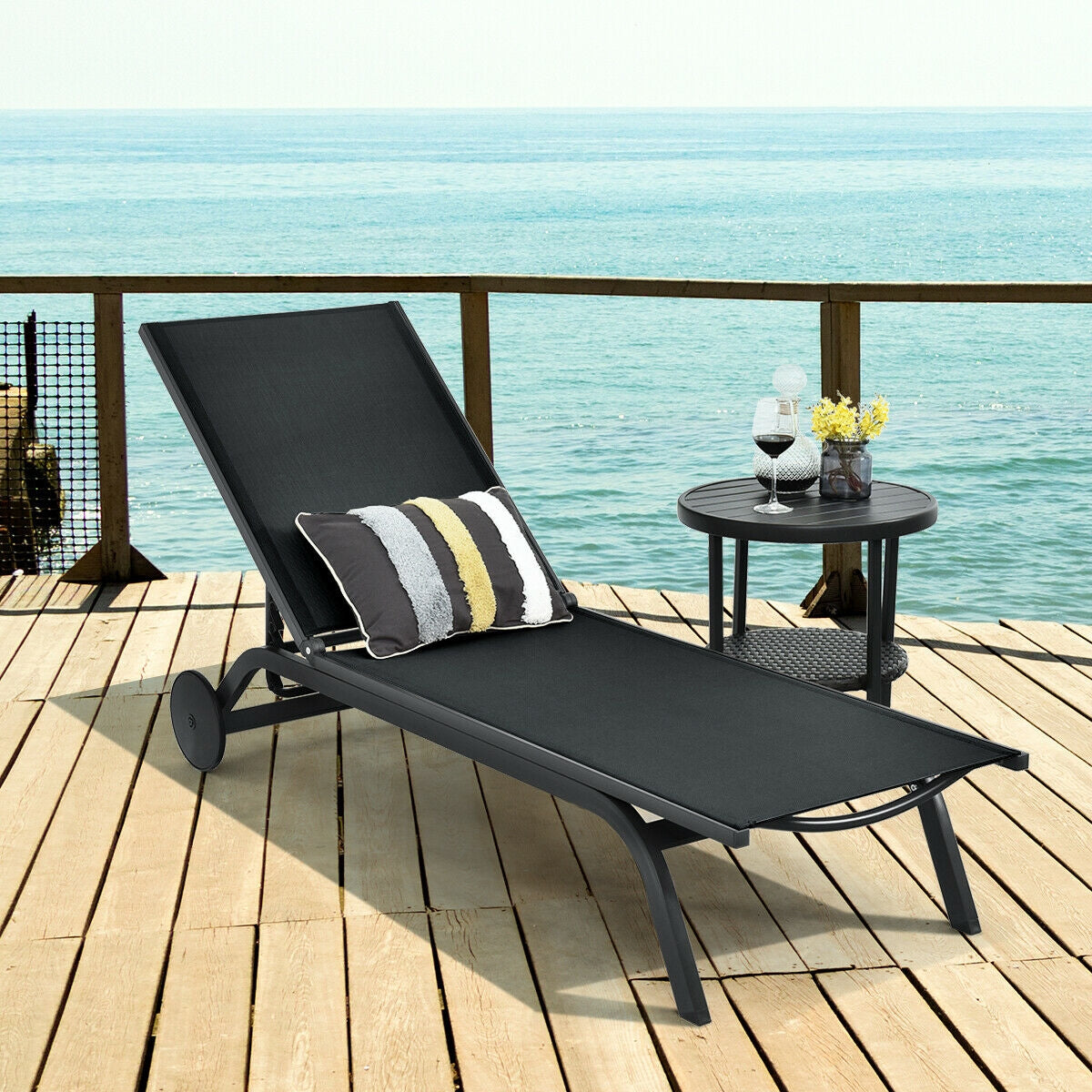 Aluminum Fabric Outdoor Patio Lounge Chair with Adjustable Reclining -Black