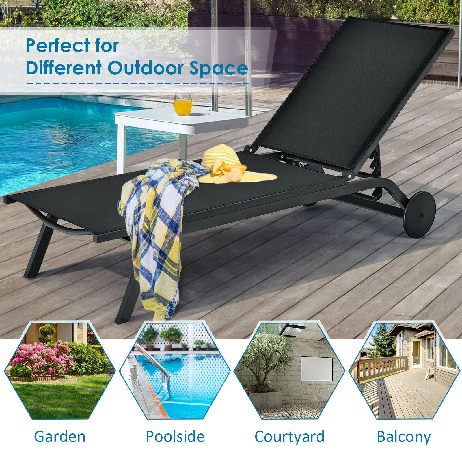 Aluminum Fabric Outdoor Patio Lounge Chair with Adjustable Reclining -Black