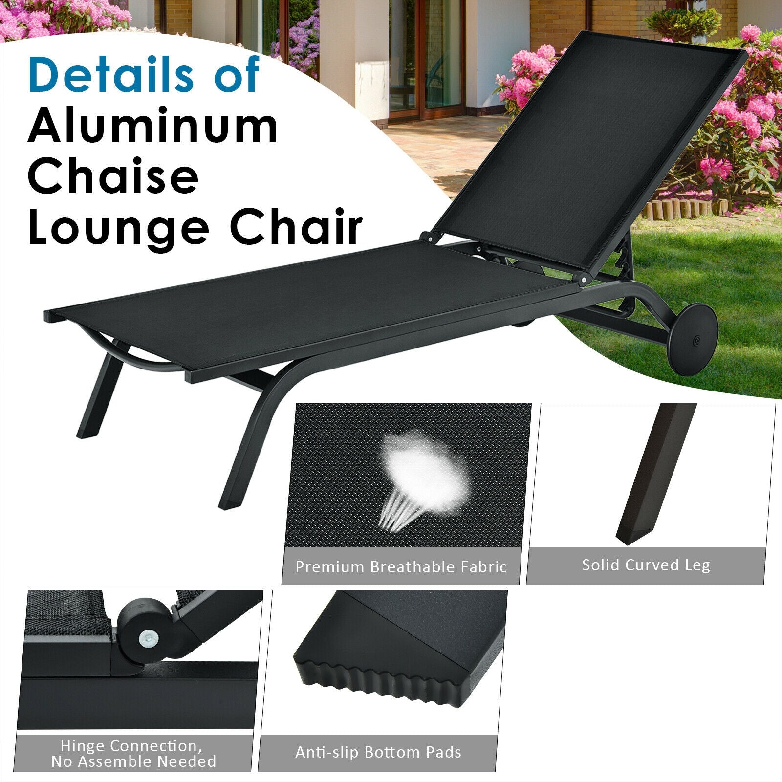 Aluminum Fabric Outdoor Patio Lounge Chair with Adjustable Reclining -Black