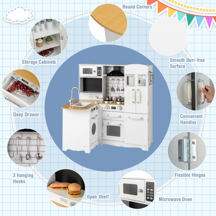 Wooden Kid's Corner Kitchen Playset with Stove for Toddlers-Natural & White