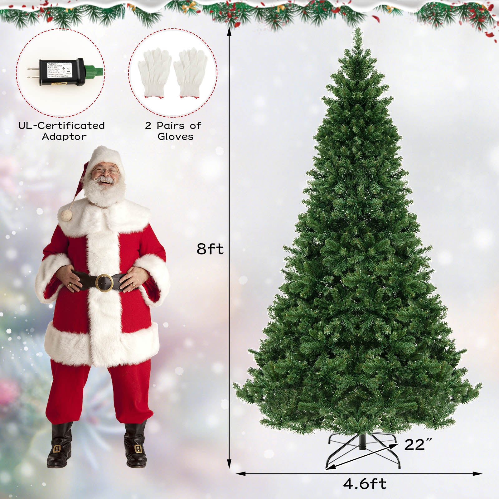 6/7/8 Feet Hinged Christmas Tree with PVC Branch Tips Warm White LED Lights-8 ftÂ 