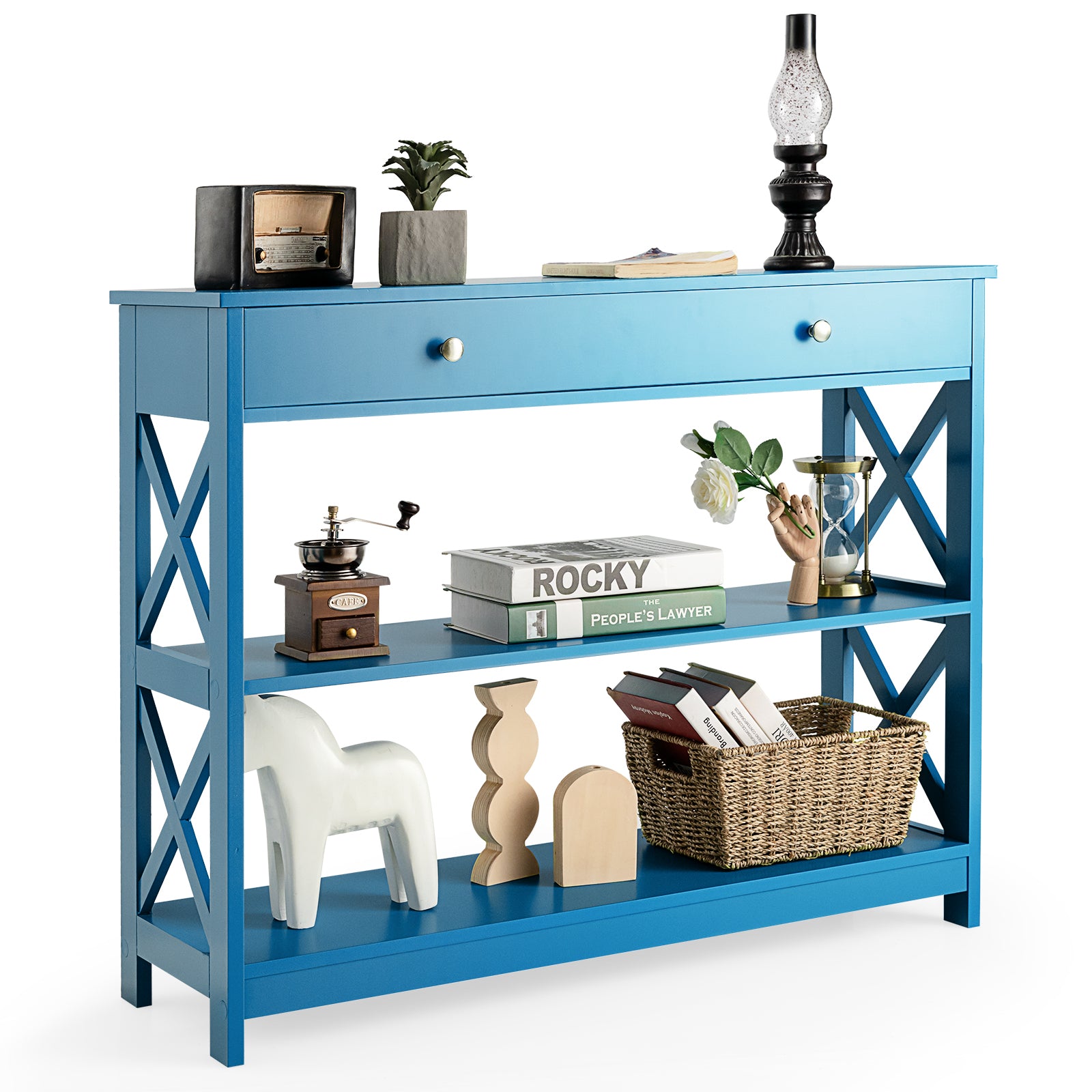 Console Table 3-Tier with Drawer and Storage Shelves-Blue