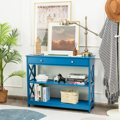 Console Table 3-Tier with Drawer and Storage Shelves-Blue 