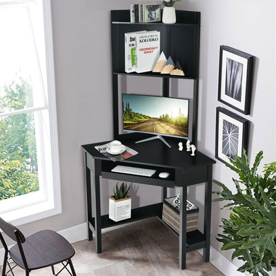 Corner Computer Desk with Hutch and Storage Shelves-Black 