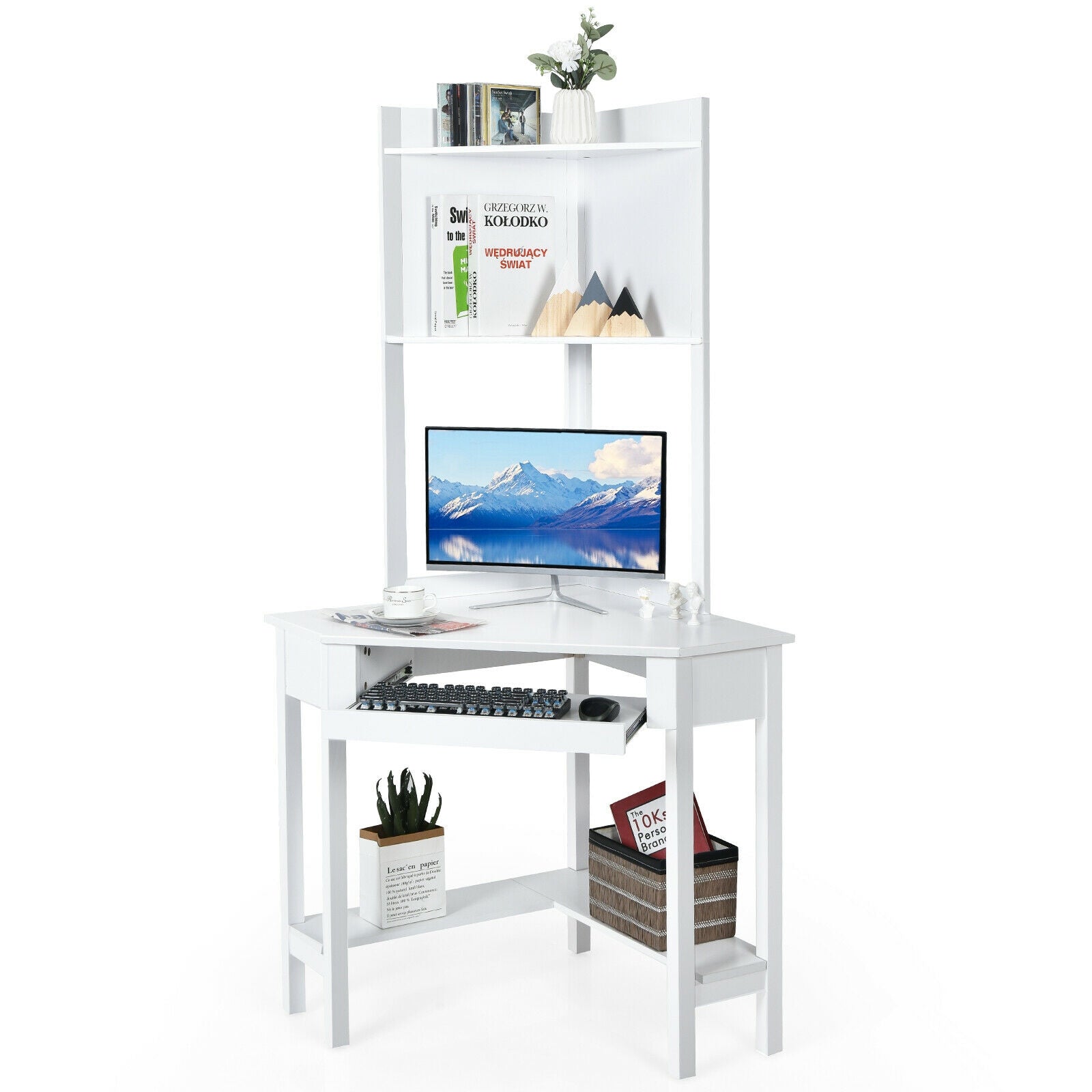 Corner Computer Desk with Hutch and Storage Shelves-White